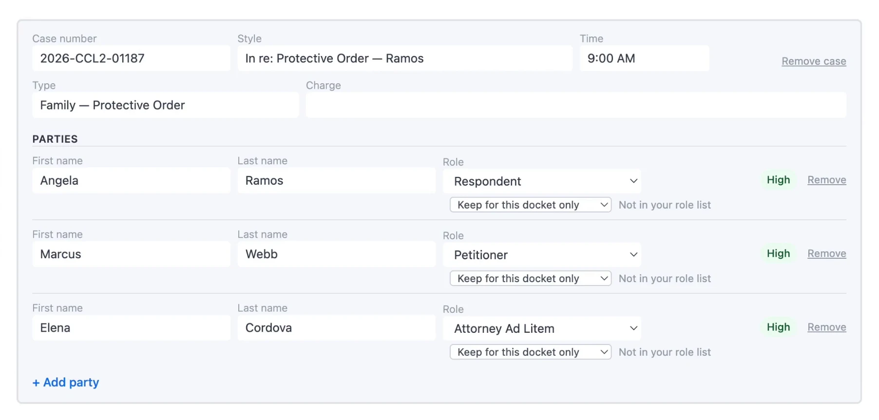 The docket review screen with case details, parties, roles and confidence labels