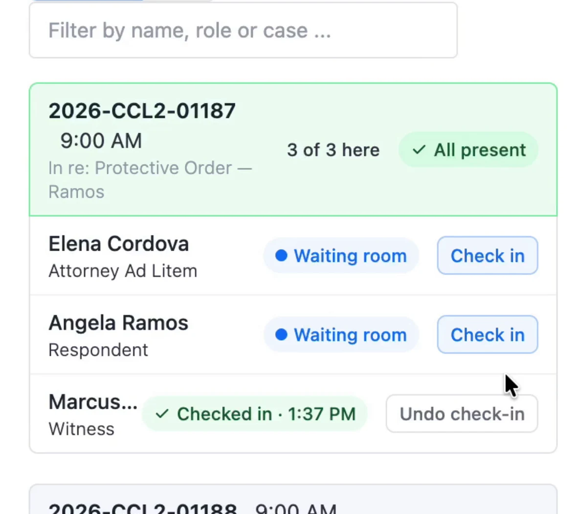 A case marked All present with one person checked in